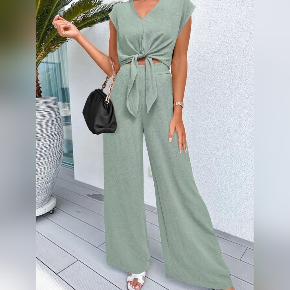 Chic Full Size 2-Piece Women's V-Neck Tie Top & Wide Leg Pants Set